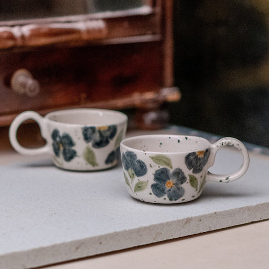 Espresso Cup Flower Decorated, Ceramic Espresso Cup Set, Handmade Gift Idea