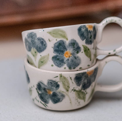 Espresso Cup Flower Decorated, Ceramic Espresso Cup Set, Handmade Gift Idea