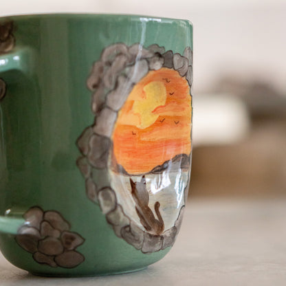 Cute Cat Mug - Sunset Mug, Pottery Mug, Handmade Ceramic Mug