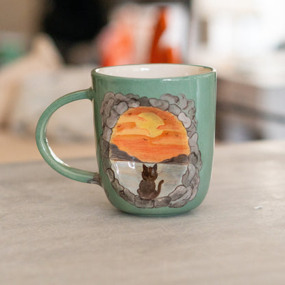 Cute Cat Mug - Sunset Mug, Pottery Mug, Handmade Ceramic Mug