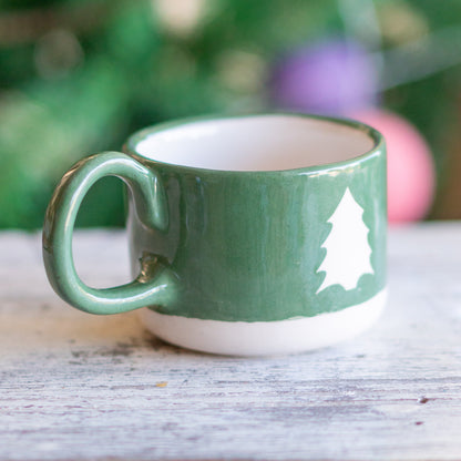 Christmas Spirit Coffee Mug - Handmade Ceramic Cup, Pine Tree Decorated Mug - Unique Holiday Gift