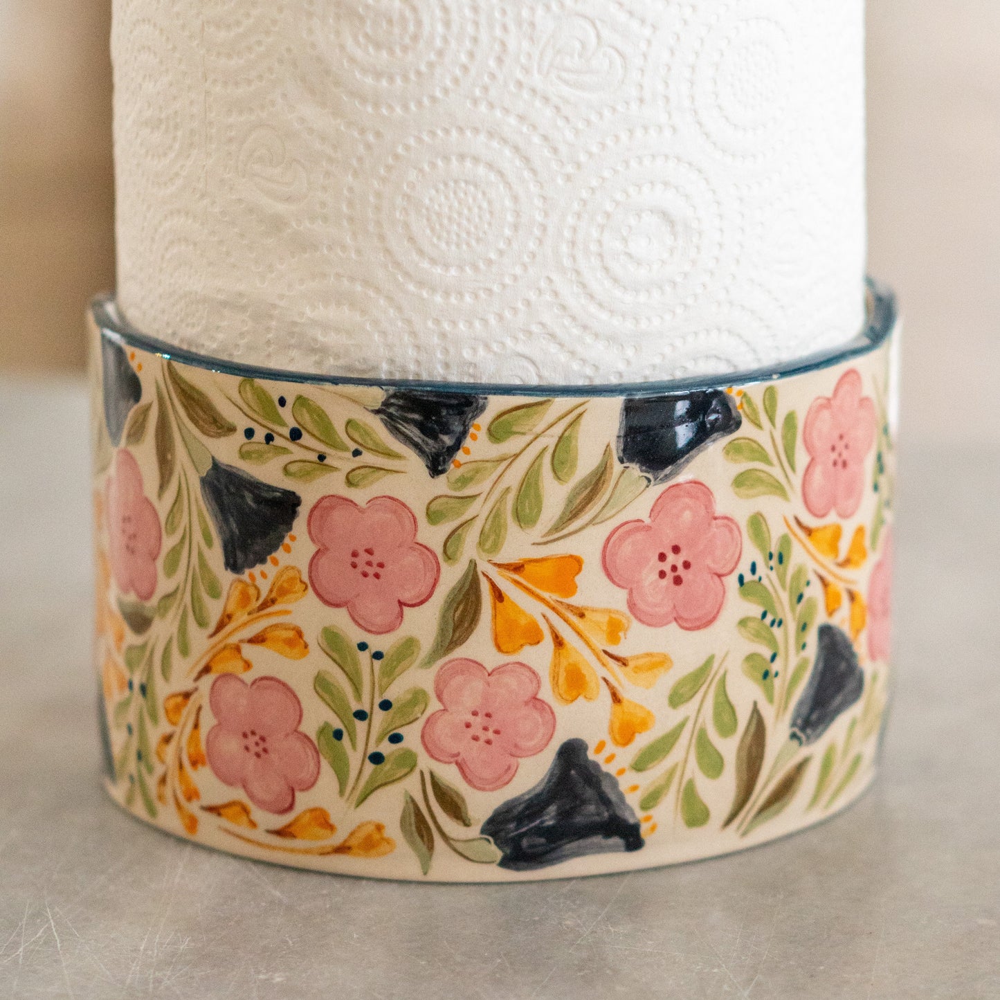 Paper Towel Holder - Floral Kitchen Decor, Handmade Ceramic Paper Roll Holder