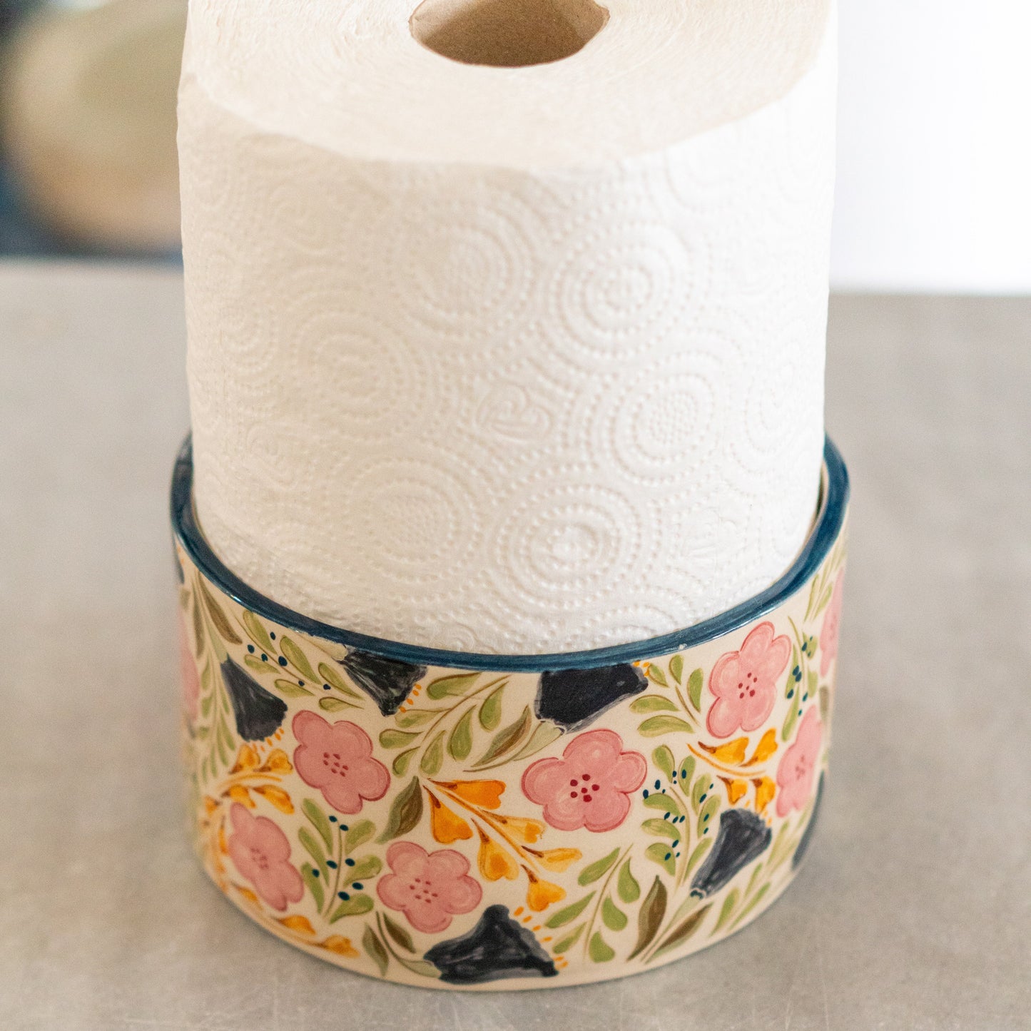 Paper Towel Holder - Floral Kitchen Decor, Handmade Ceramic Paper Roll Holder