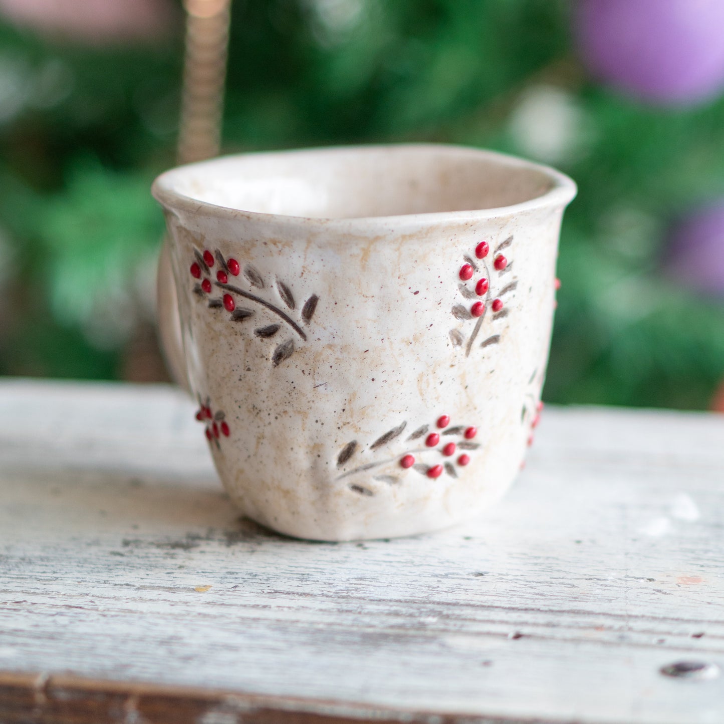 Vintage Christmas Pottery Mug, Handmade Ceramic Coffee Mug, Unique Holiday Gift