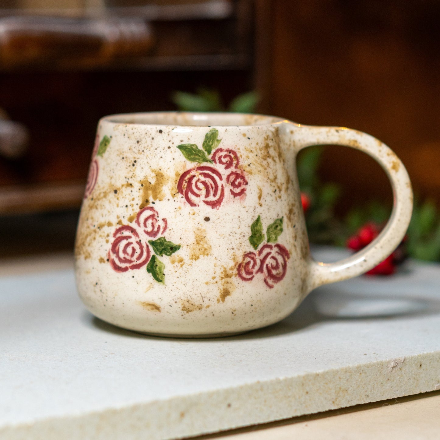 Rose Flower Pottery Mug - Ceramic Mug, Handmade Coffee Mug, Blossom Decorated Mug