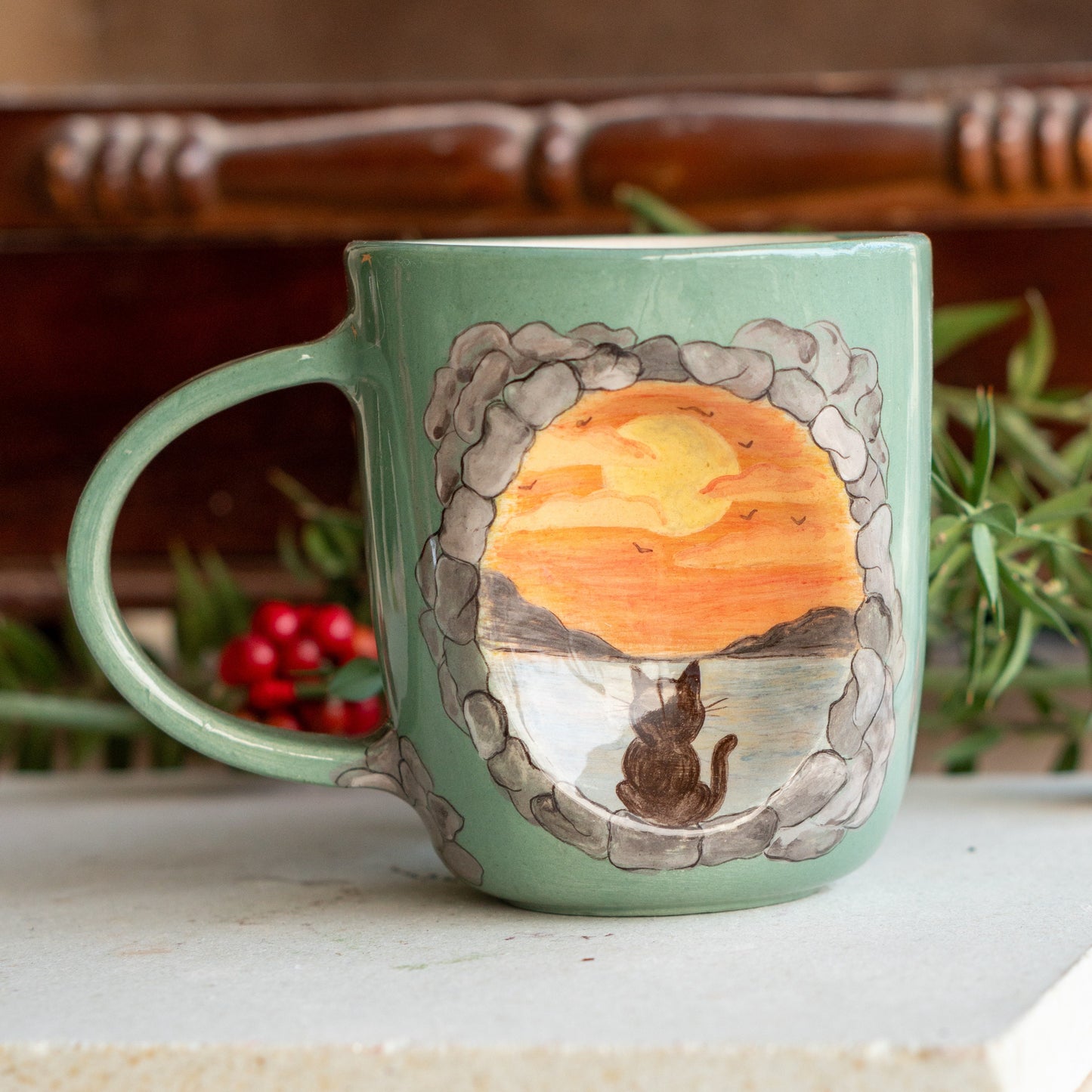 Cute Cat Mug - Sunset Mug, Pottery Mug, Handmade Ceramic Mug