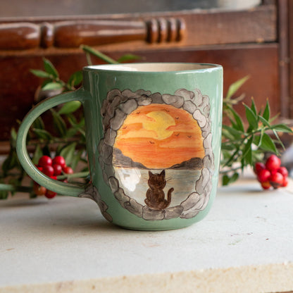 Cute Cat Mug - Sunset Mug, Pottery Mug, Handmade Ceramic Mug