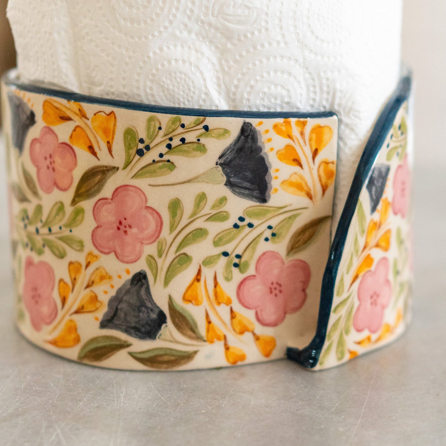 Paper Towel Holder - Floral Kitchen Decor, Handmade Ceramic Paper Roll Holder