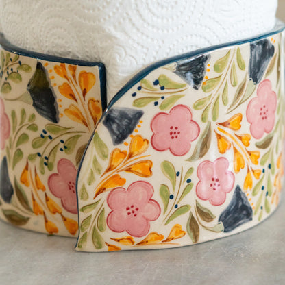 Paper Towel Holder - Floral Kitchen Decor, Handmade Ceramic Paper Roll Holder