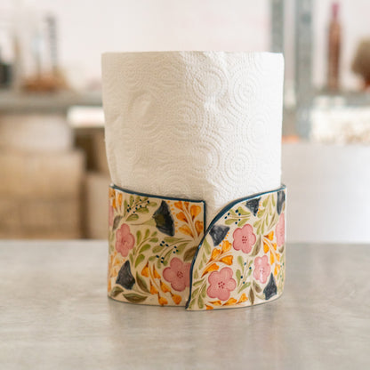 Paper Towel Holder - Floral Kitchen Decor, Handmade Ceramic Paper Roll Holder