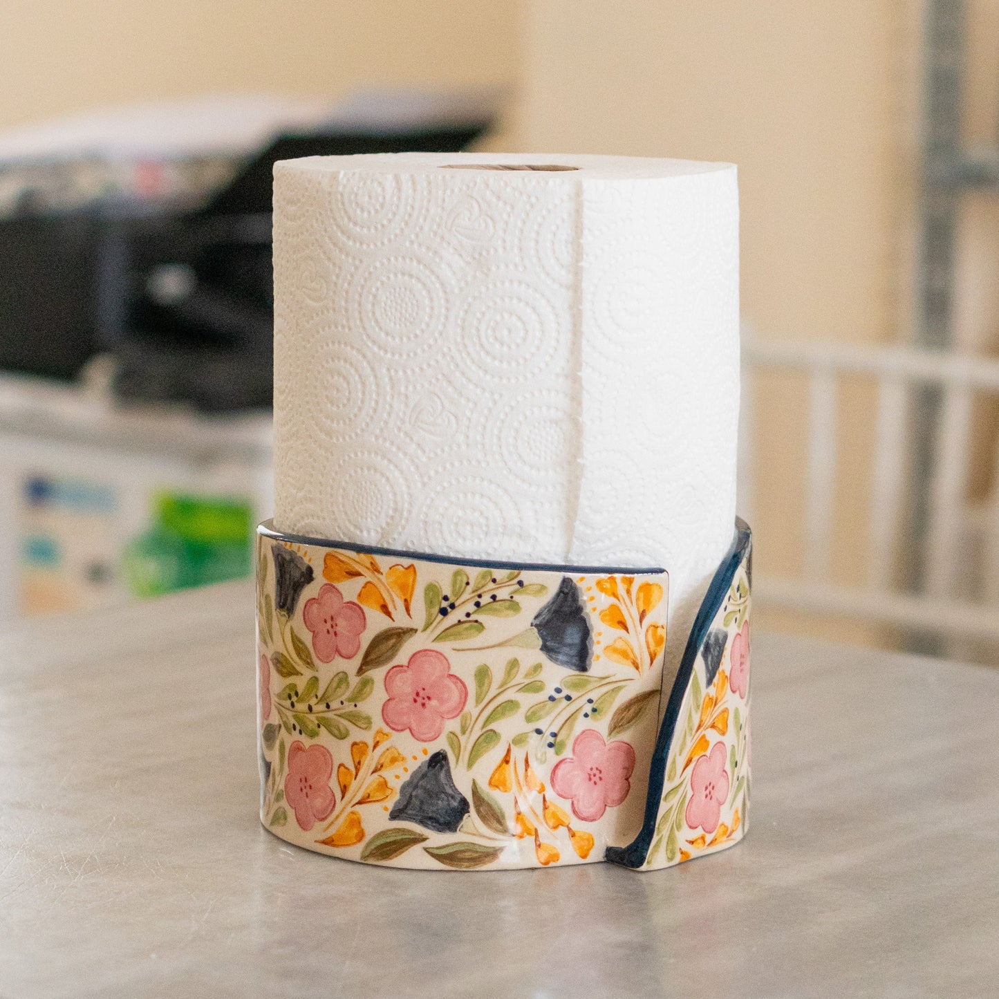 Paper Towel Holder - Floral Kitchen Decor, Handmade Ceramic Paper Roll Holder