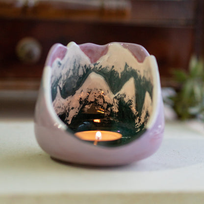 Mountain Scene Ceramic Tea Light Holder - Cozy Home Decor Snowy Mountain - Ceramic Candle Holder