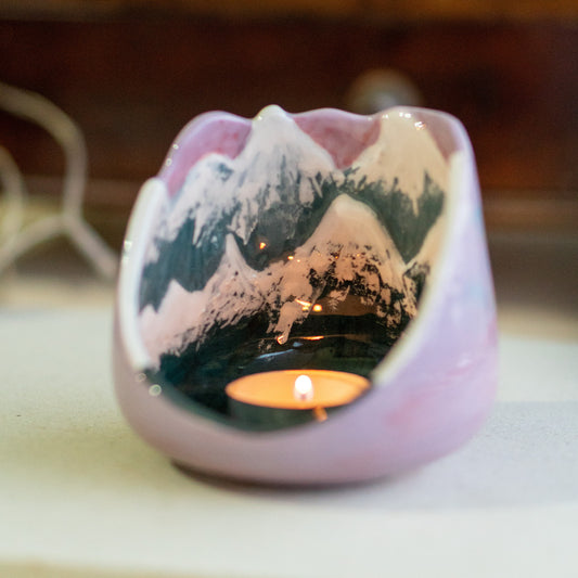 Mountain Scene Ceramic Tea Light Holder - Cozy Home Decor Snowy Mountain - Ceramic Candle Holder