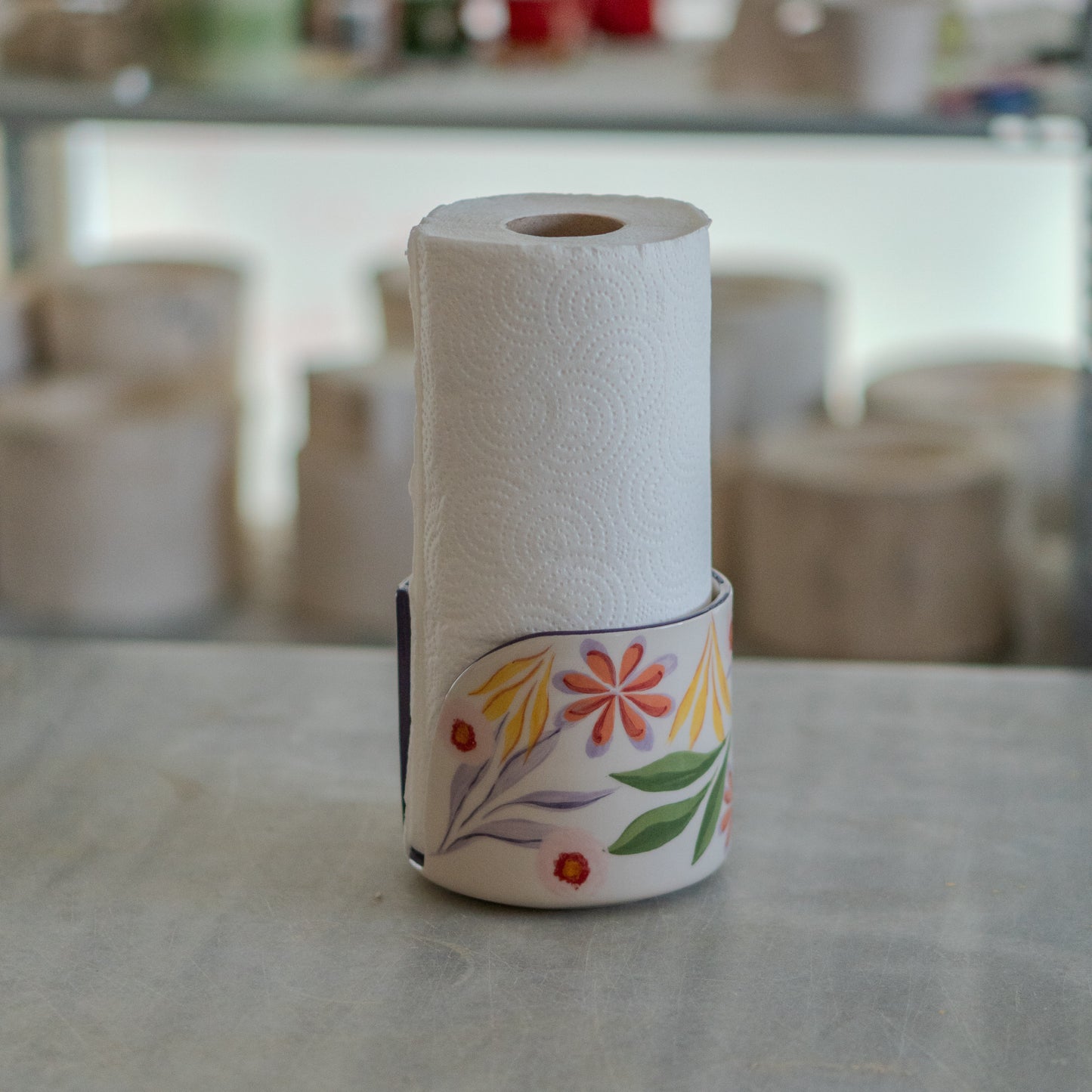 Flower Decorated Paper Towel Holder, Ceramic Towel Rack, Decorative Kitchen Storage