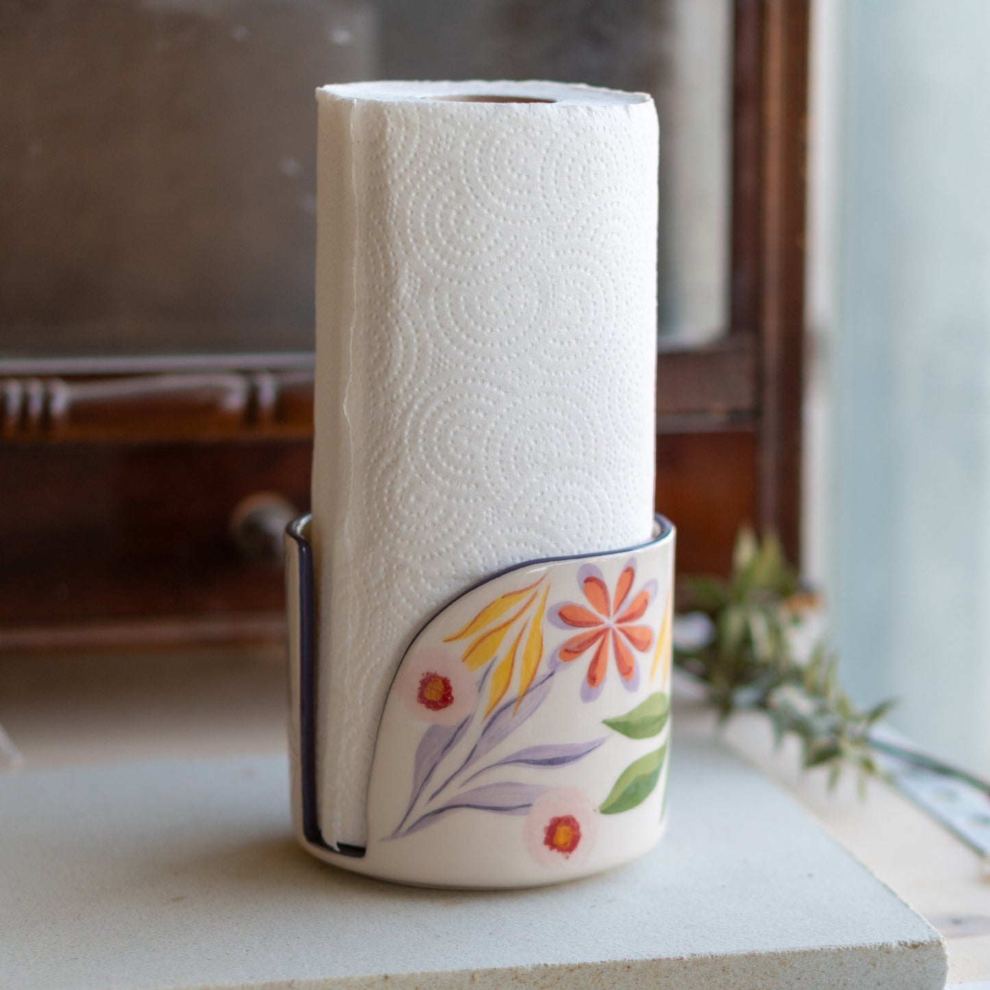 Flower Decorated Paper Towel Holder, Ceramic Towel Rack, Decorative Kitchen Storage