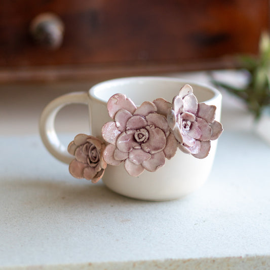 Flower Ceramic Mug - Handmade Floral Coffee Cup, Pottery Mug Valentines Day Gift