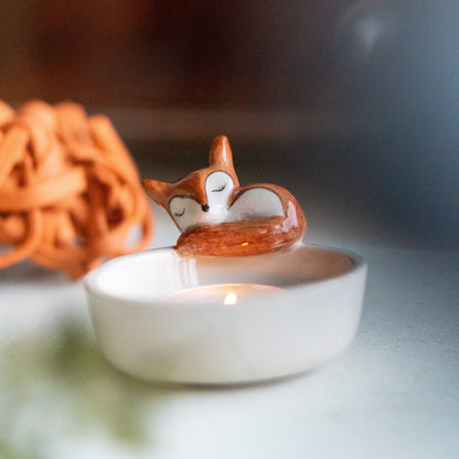 Cute Tea Light Holder - Sleeping Fox Candle Holder, Handmade Home Decor, Valentines Day Gift