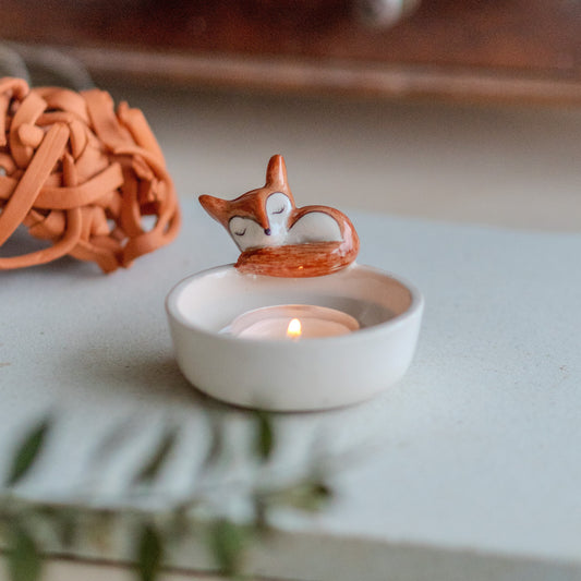 Cute Tea Light Holder - Sleeping Fox Candle Holder, Handmade Home Decor, Valentines Day Gift