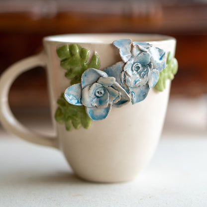 Handcrafted Floral Ceramic Mug - Artisan Blue Blossom Coffee Cup with 3D Leaf Accents, Valentines Day Gift