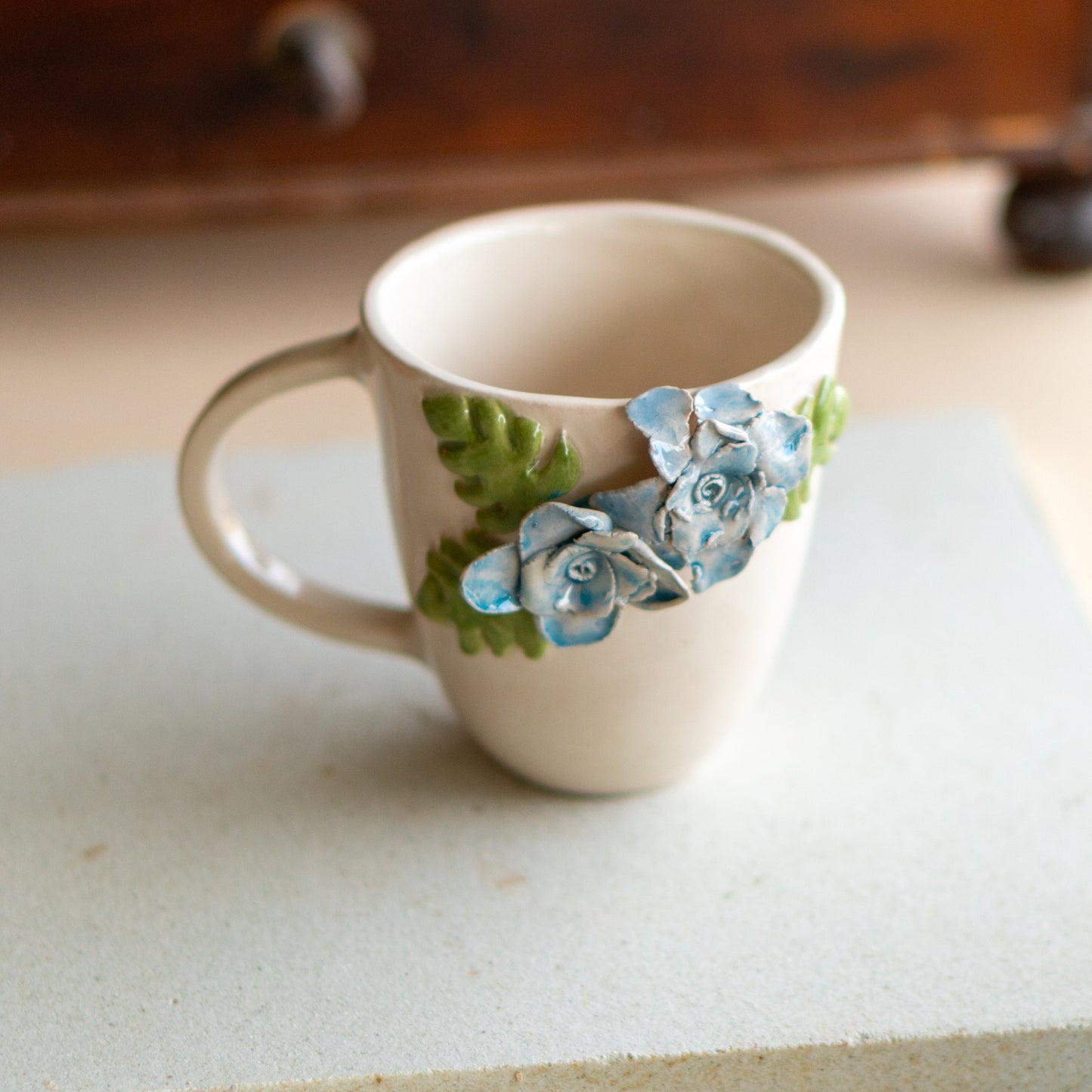 Handcrafted Floral Ceramic Mug - Artisan Blue Blossom Coffee Cup with 3D Leaf Accents, Valentines Day Gift