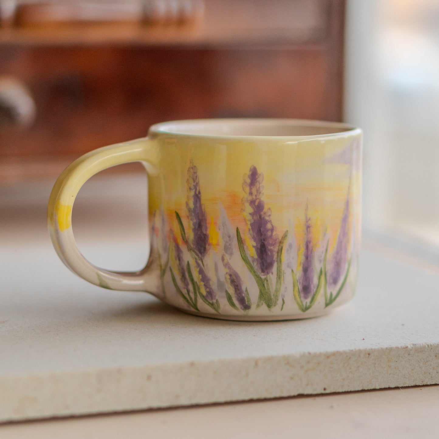 Lavender - Handmade Coffee Mug, Lavender Garden Floral Mug, Watercolor Painted Ceramic Mug, Sunset Landscape