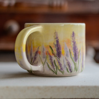 Lavender - Handmade Coffee Mug, Lavender Garden Floral Mug, Watercolor Painted Ceramic Mug, Sunset Landscape