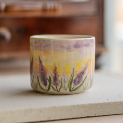 Lavender - Handmade Coffee Mug, Lavender Garden Floral Mug, Watercolor Painted Ceramic Mug, Sunset Landscape