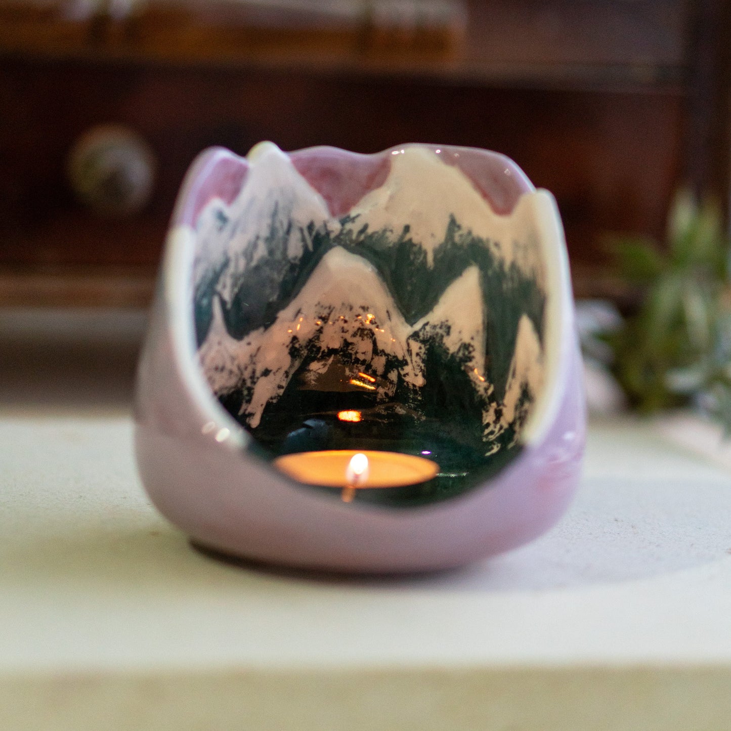 Mountain Scene Ceramic Tea Light Holder - Cozy Home Decor Snowy Mountain - Ceramic Candle Holder