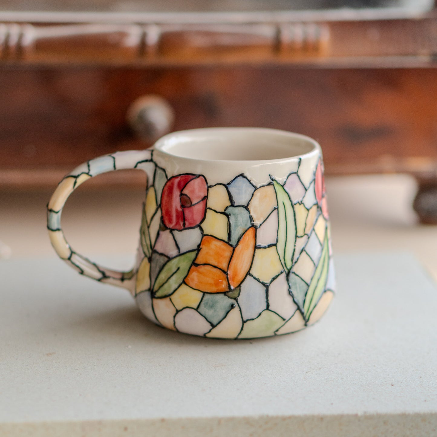 Lotus Flower Coffee Mug, Stained Glass Style, Handmade Ceramic Mug, Flower Decor Floral Mug