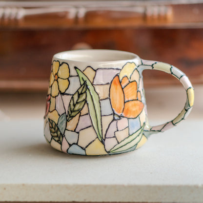 Lotus Flower Coffee Mug, Stained Glass Style, Handmade Ceramic Mug, Flower Decor Floral Mug