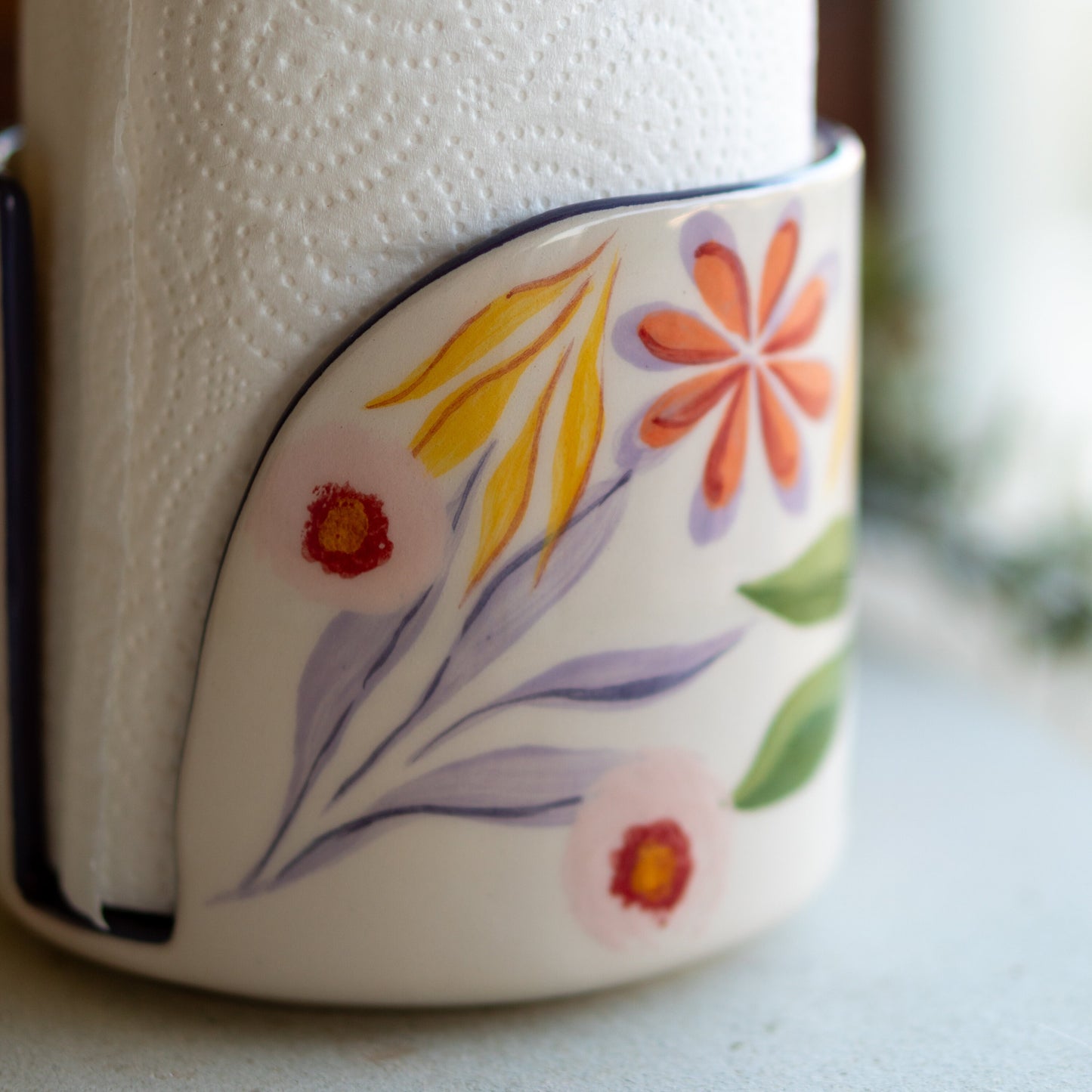 Flower Decorated Paper Towel Holder, Ceramic Towel Rack, Decorative Kitchen Storage