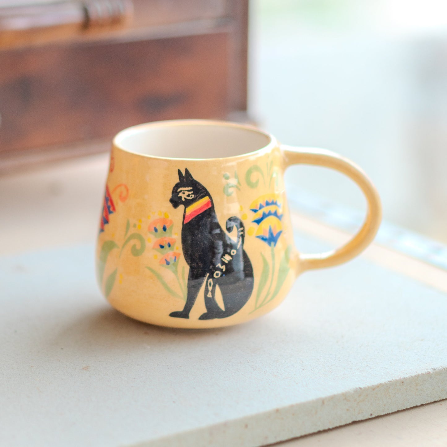 Egyptian Cat Mug with Hieroglyphs - Hand-Painted Ceramic Tea Cup Inspired by Ancient Egypt - Unique Bastet Deity and Eye of Horus Design