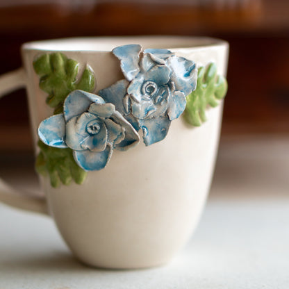 Handcrafted Floral Ceramic Mug - Artisan Blue Blossom Coffee Cup with 3D Leaf Accents, Valentines Day Gift