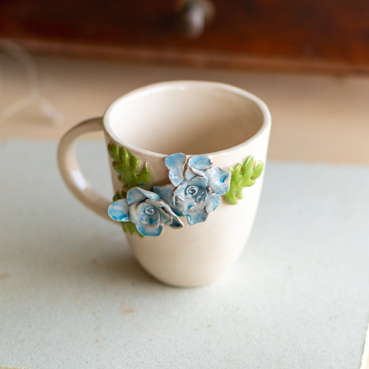 Handcrafted Floral Ceramic Mug - Artisan Blue Blossom Coffee Cup with 3D Leaf Accents, Valentines Day Gift