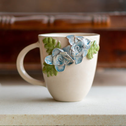 Handcrafted Floral Ceramic Mug - Artisan Blue Blossom Coffee Cup with 3D Leaf Accents, Valentines Day Gift