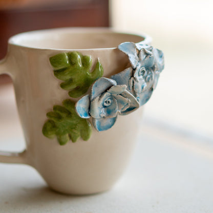 Handcrafted Floral Ceramic Mug - Artisan Blue Blossom Coffee Cup with 3D Leaf Accents, Valentines Day Gift