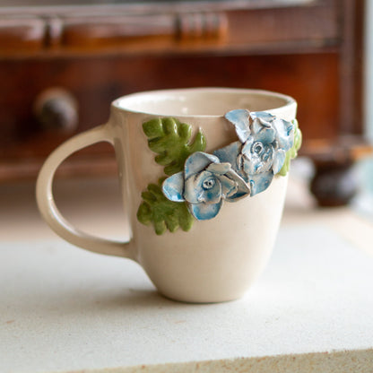 Handcrafted Floral Ceramic Mug - Artisan Blue Blossom Coffee Cup with 3D Leaf Accents, Valentines Day Gift