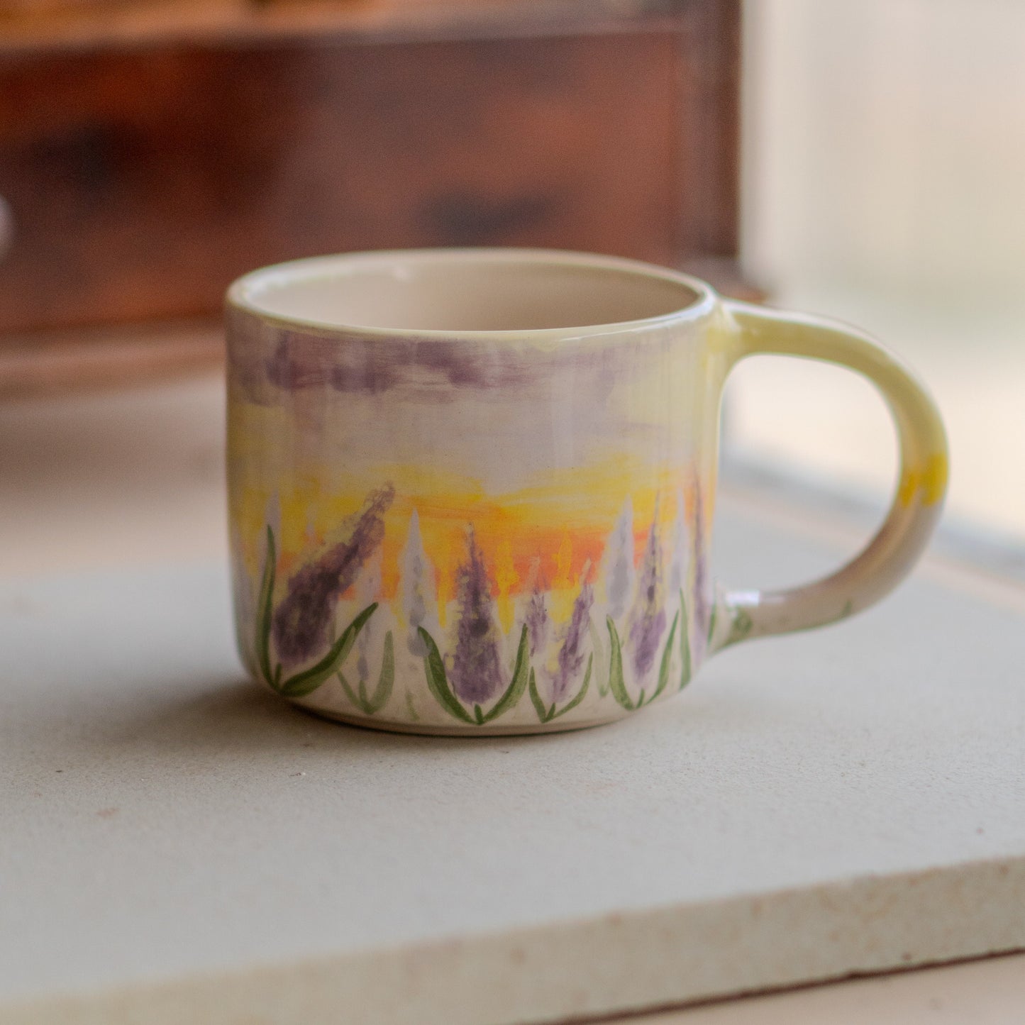 Lavender - Handmade Coffee Mug, Lavender Garden Floral Mug, Watercolor Painted Ceramic Mug, Sunset Landscape