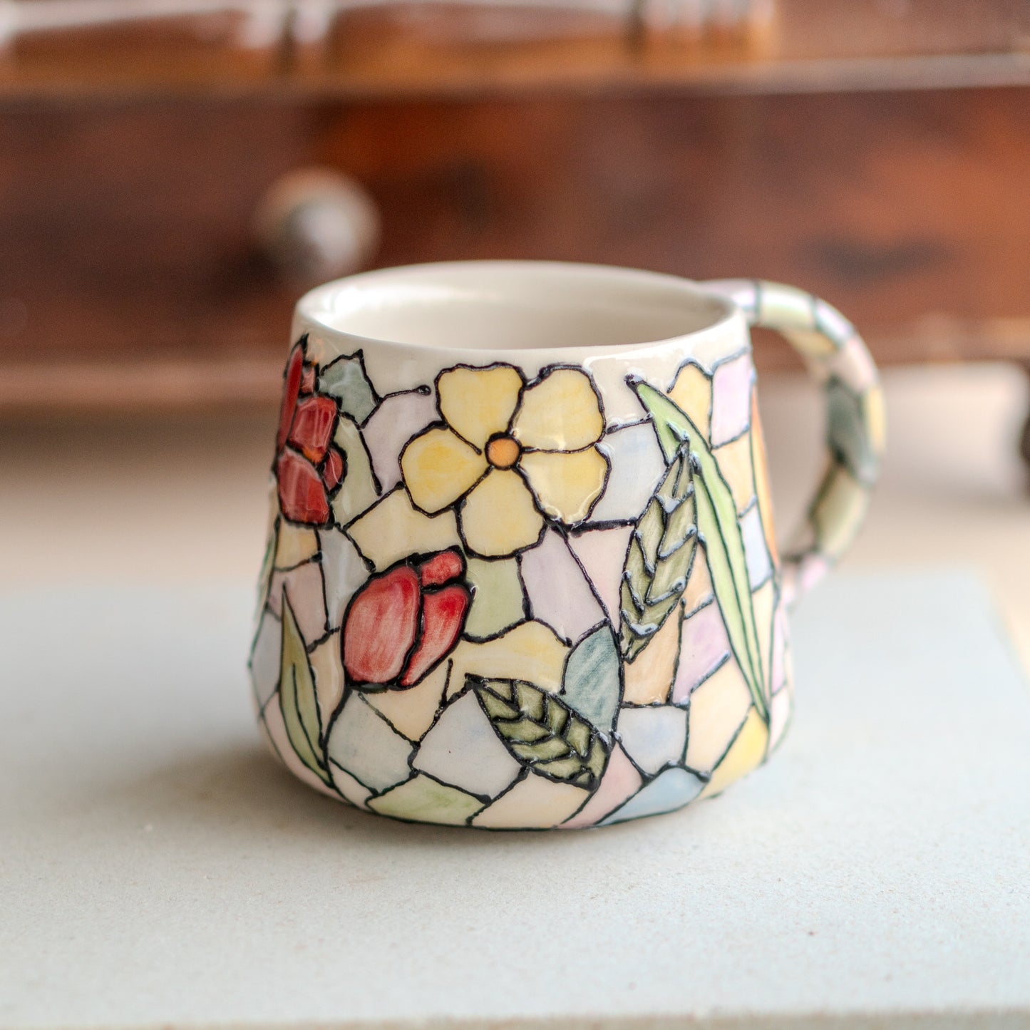 Lotus Flower Coffee Mug, Stained Glass Style, Handmade Ceramic Mug, Flower Decor Floral Mug