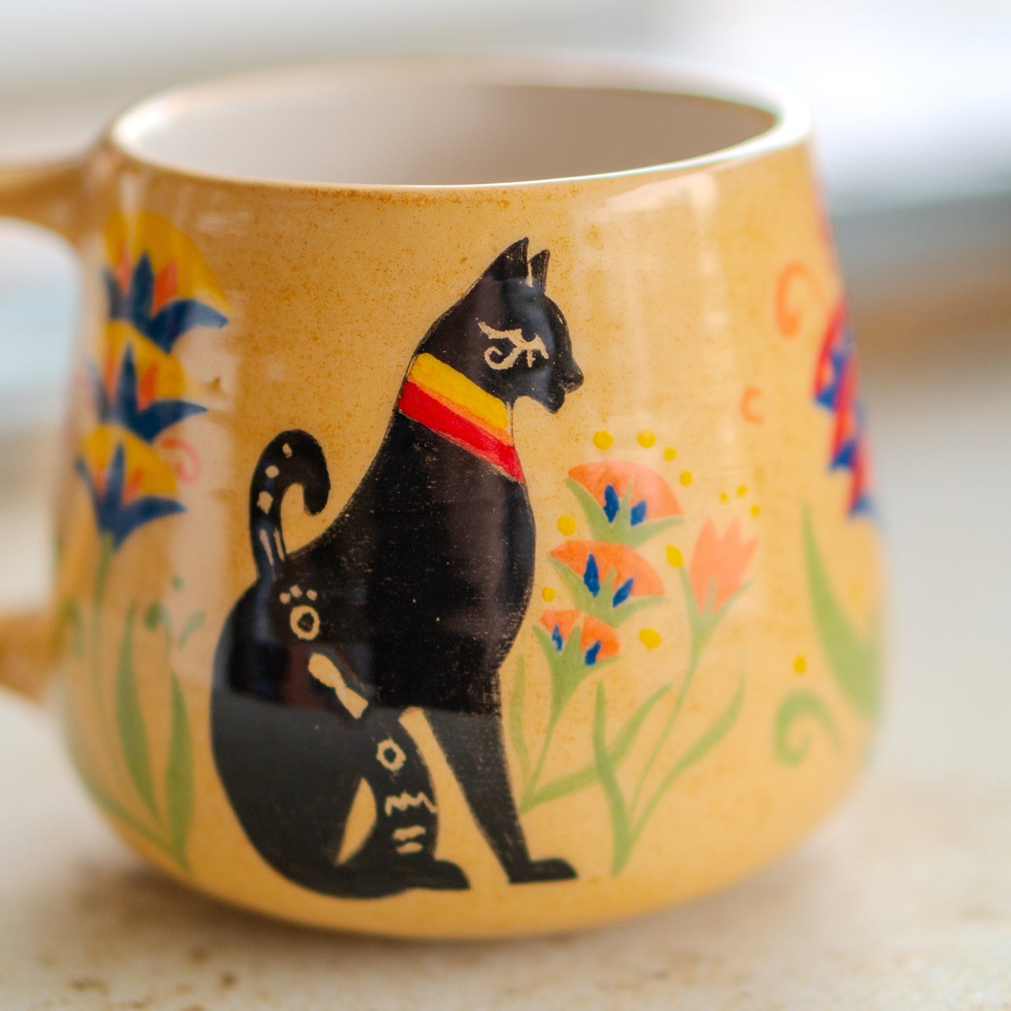 Egyptian Cat Mug with Hieroglyphs - Hand-Painted Ceramic Tea Cup Inspired by Ancient Egypt - Unique Bastet Deity and Eye of Horus Design