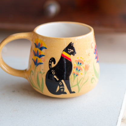 Egyptian Cat Mug with Hieroglyphs - Hand-Painted Ceramic Tea Cup Inspired by Ancient Egypt - Unique Bastet Deity and Eye of Horus Design