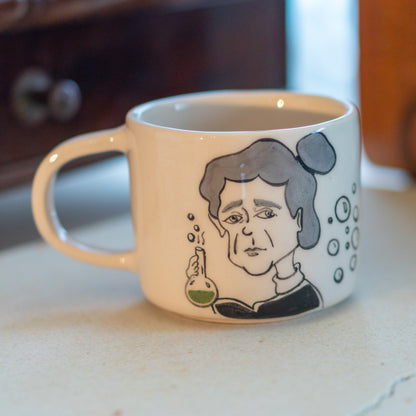 Marie Curie Cartoon Mug - Handmade Coffee Mug, Science Lover Gift Idea