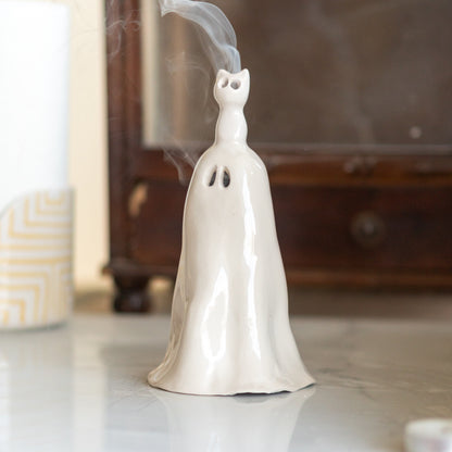 Ghost and Cat Incense Holder - Funny Home Decor, Ceramic Incense Burner, Handmade Ghost Figurine