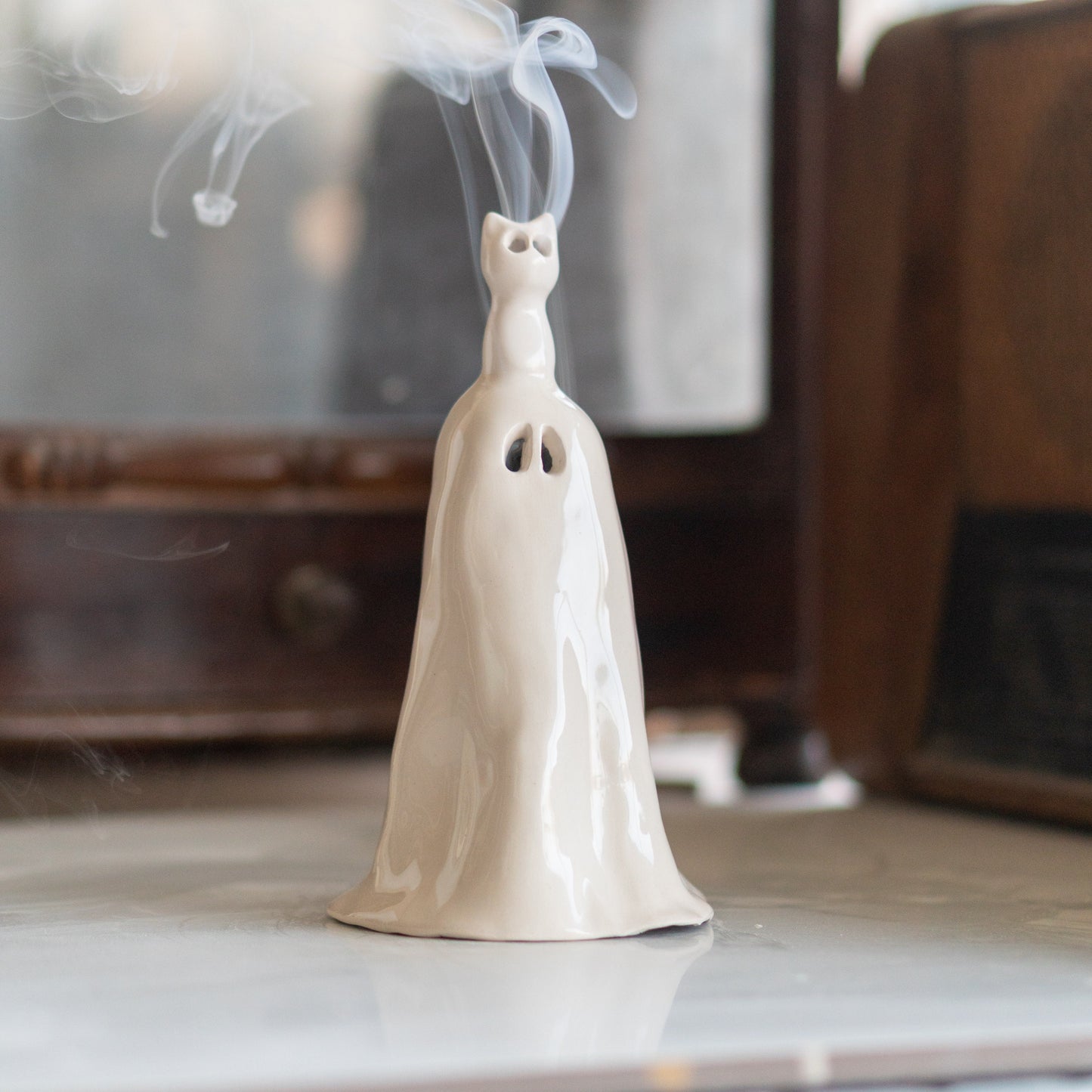 Ghost and Cat Incense Holder - Funny Home Decor, Ceramic Incense Burner, Handmade Ghost Figurine