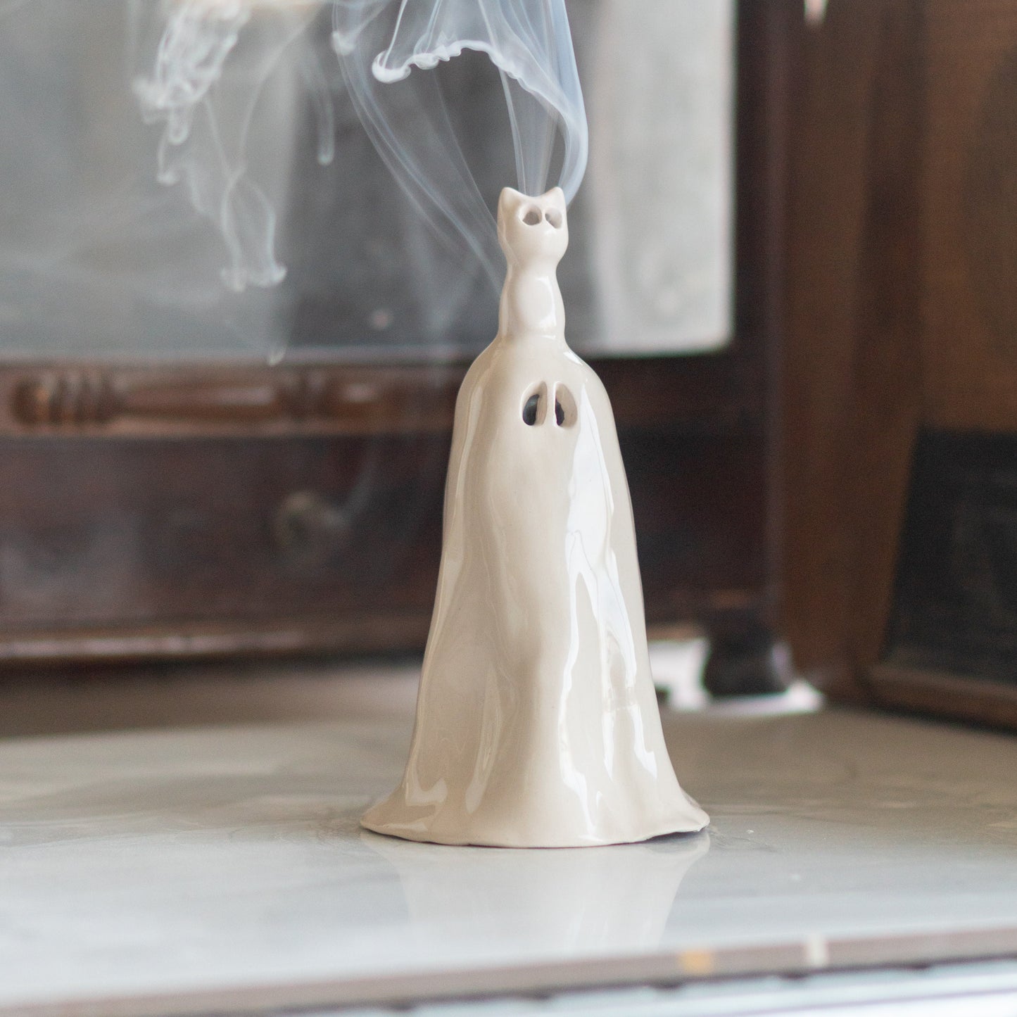 Ghost and Cat Incense Holder - Funny Home Decor, Ceramic Incense Burner, Handmade Ghost Figurine