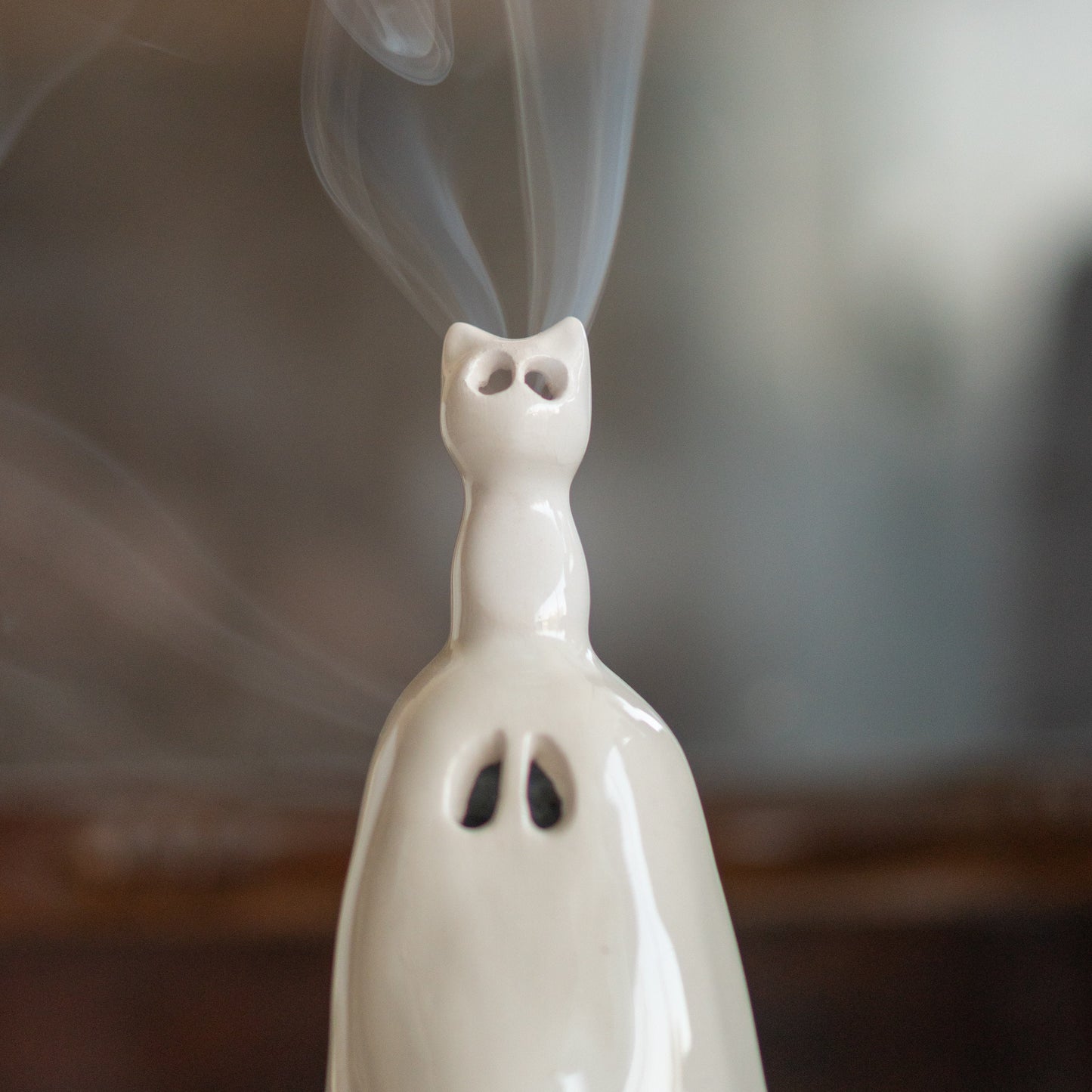 Ghost and Cat Incense Holder - Funny Home Decor, Ceramic Incense Burner, Handmade Ghost Figurine