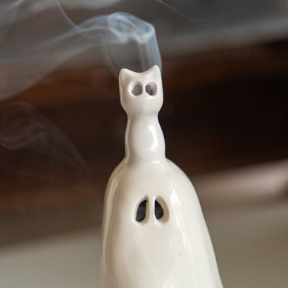 Ghost and Cat Incense Holder - Funny Home Decor, Ceramic Incense Burner, Handmade Ghost Figurine