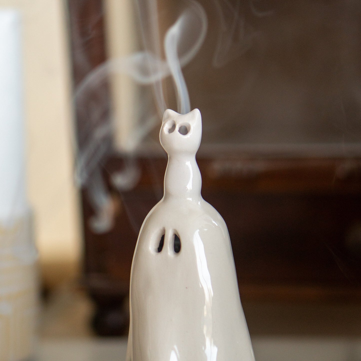 Ghost and Cat Incense Holder - Funny Home Decor, Ceramic Incense Burner, Handmade Ghost Figurine