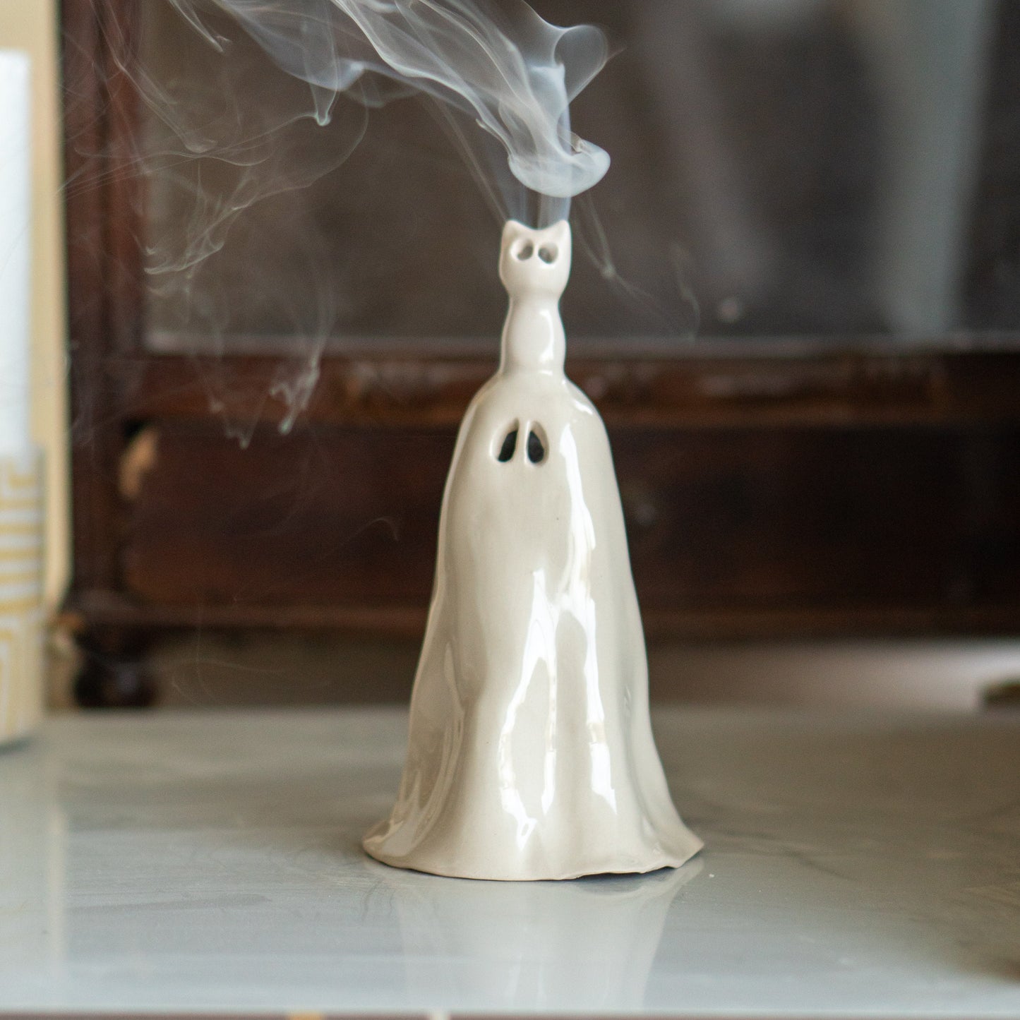 Ghost and Cat Incense Holder - Funny Home Decor, Ceramic Incense Burner, Handmade Ghost Figurine