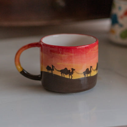 Desert Sunset Ceramic Mug - Camels, Handmade Coffee Mug, Pottery Mug